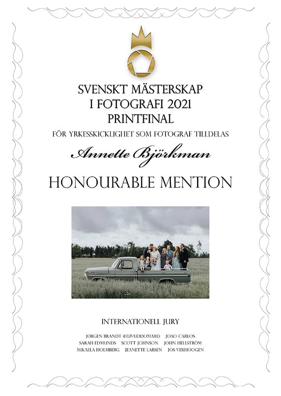 Diplom på brudpar, 1a plats i SM i Fotografi 2021 Kategori Bröllop