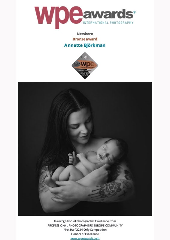2024-bronze-baby-WPE - International Photographers Awards - Certificate delivered to Annette Björkman